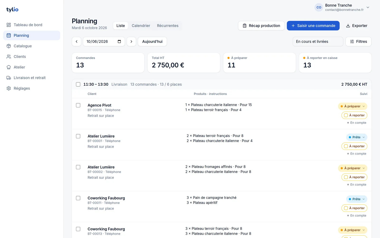 Planning des livraisons du jour