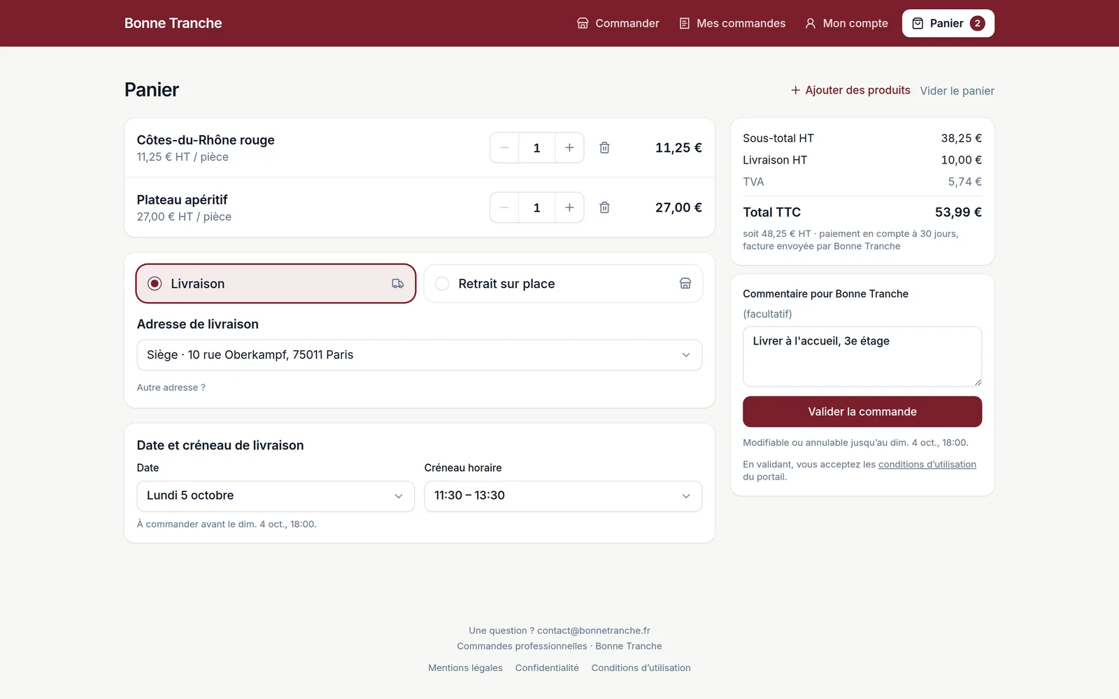Panier d’un client entreprise avec date, créneau et adresse de livraison